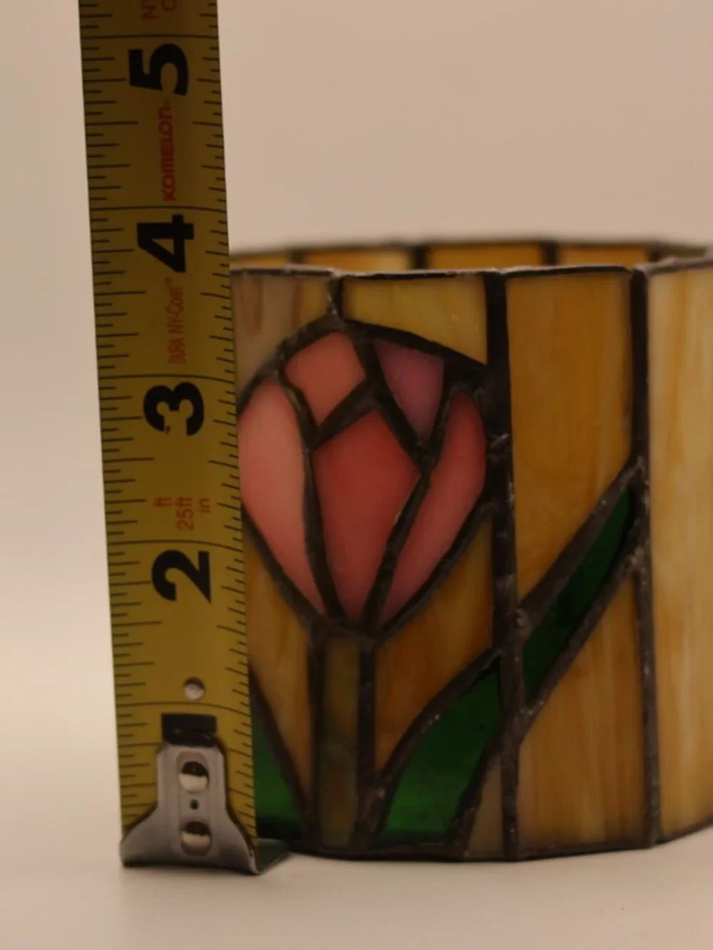 Vintage stained glass votive candle holder pink tulip design, art nouveau, textu